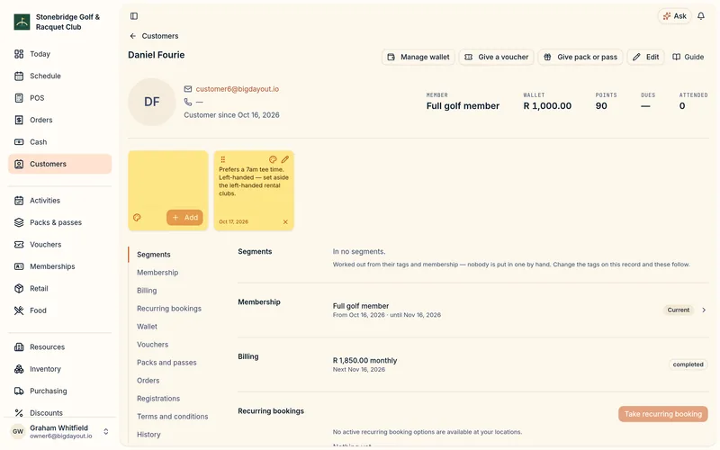 One customer: their membership, points, signed forms and order history