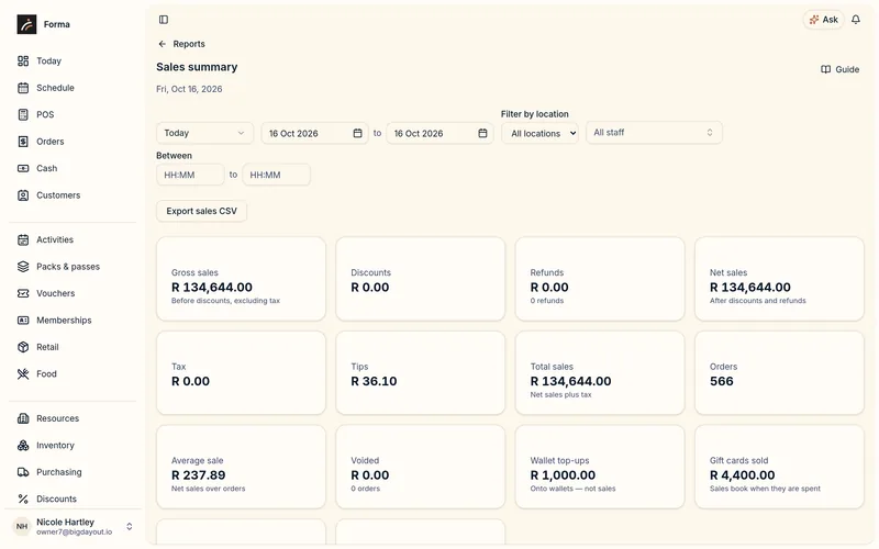 Sales report: takings by activity, product, location and payment method