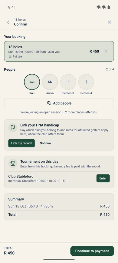 Booking a tee time on a phone, with the day’s competition offered to enter