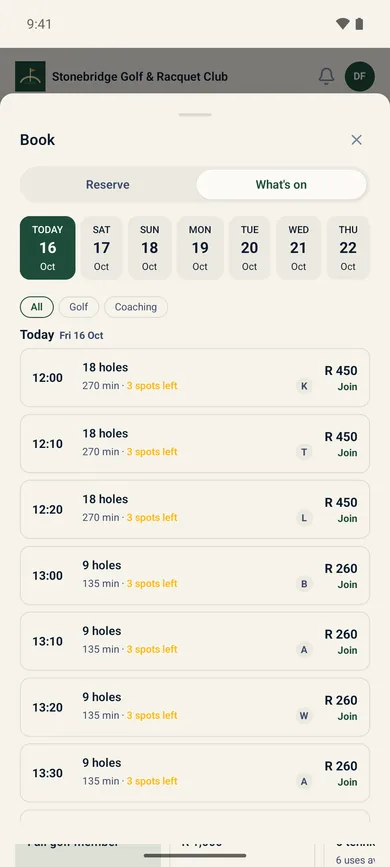 Booking on a phone: today’s tee times for 18 and 9 holes, with the spots left