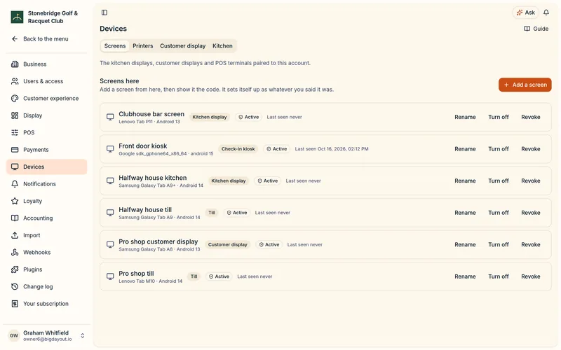 The devices list in bigday PRO: each tablet, what it does and where it is