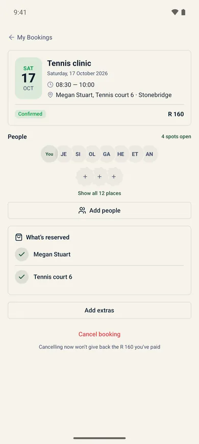 bigday OUT on a phone: one booking with its time, place and guests