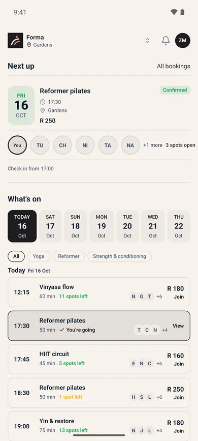 bigday OUT on a phone: the home screen with what is on and the next booking