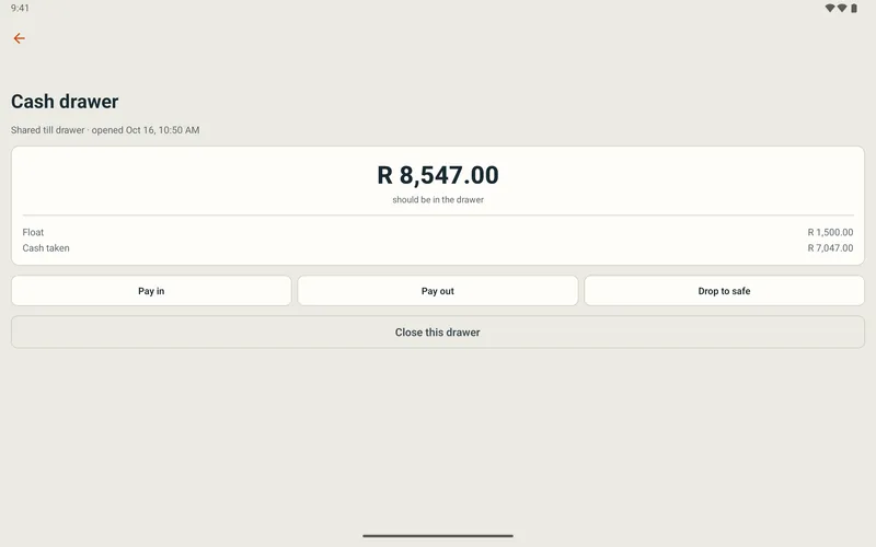 bigday POS on a tablet: the cash drawer, with what should be in it