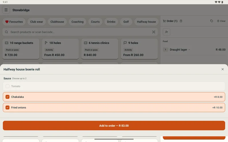 bigday POS on a tablet: choosing the options on a food item before it goes on the order