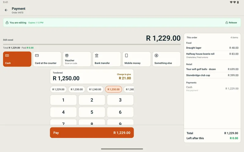 bigday POS on a tablet: cash tendered against an order, with the change to give