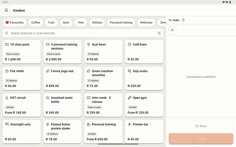 bigday POS on a tablet: the product grid, ready for the next order