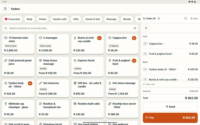 bigday POS on a tablet: a product grid beside an open order with food and retail on it