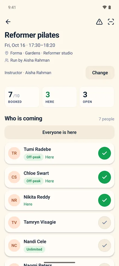 The bigday PRO app on a phone: a session roster with guests ticked in as they arrive