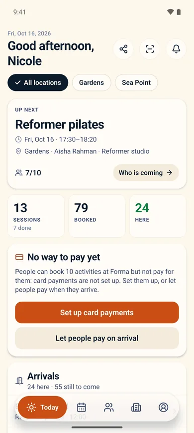 The bigday PRO app on a phone: Today, asking to set up card payments